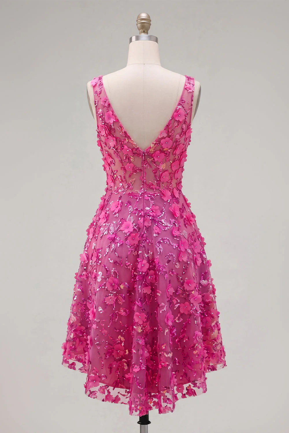Fuchsia Floral A Line V-Neck High Low Cocktail Dress with Sequins - Image 2
