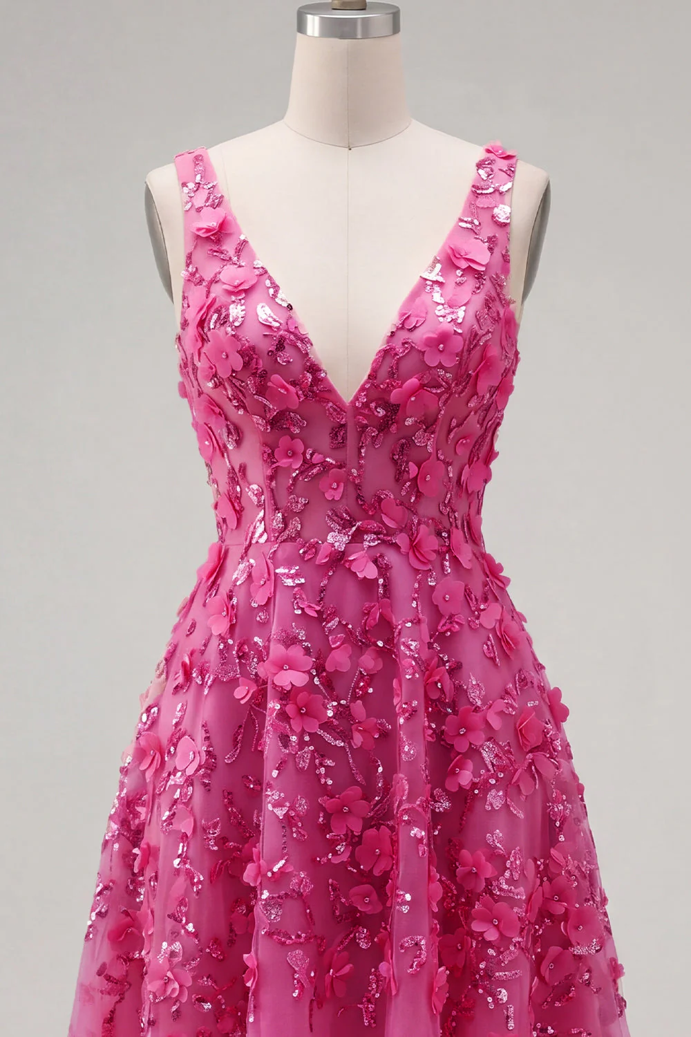 Fuchsia Floral A Line V-Neck High Low Cocktail Dress with Sequins - Image 5