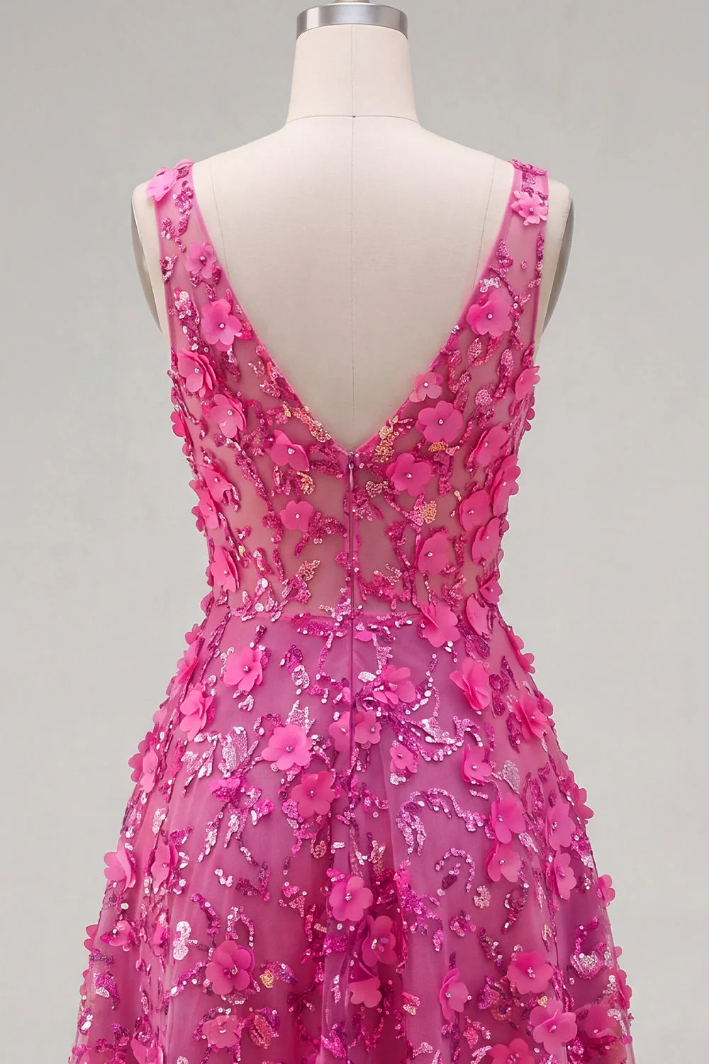 Fuchsia Floral A Line V-Neck High Low Cocktail Dress with Sequins - Image 6