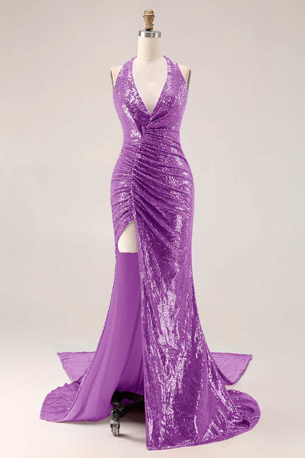 Sparkly Fuchsia Halter Mermaid Sequin Backless Long Prom Dress with Slit - Image 11