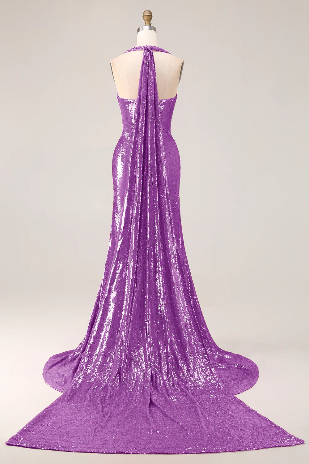 Sparkly Fuchsia Halter Mermaid Sequin Backless Long Prom Dress with Slit - Image 12