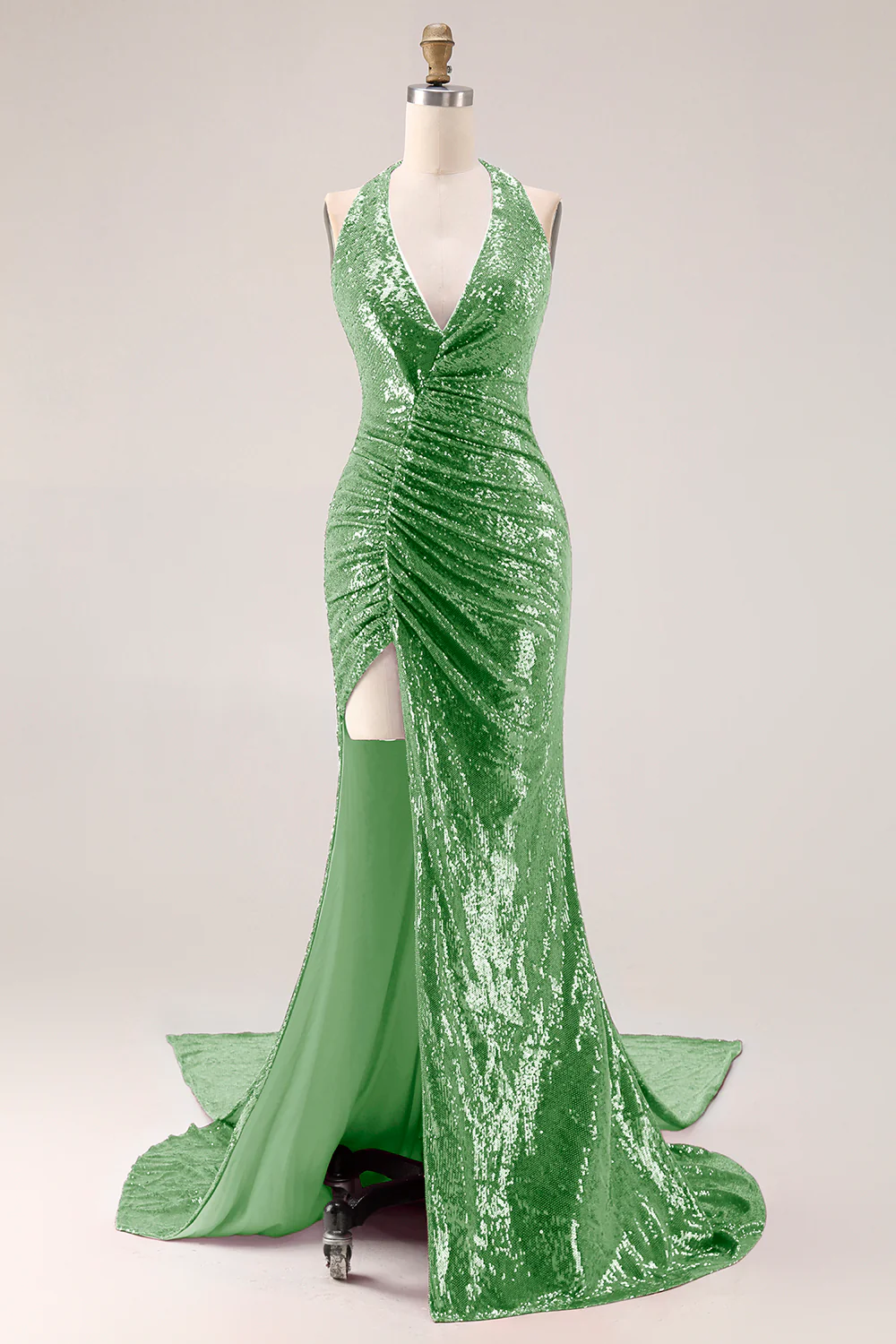 Sparkly Fuchsia Halter Mermaid Sequin Backless Long Prom Dress with Slit - Image 13