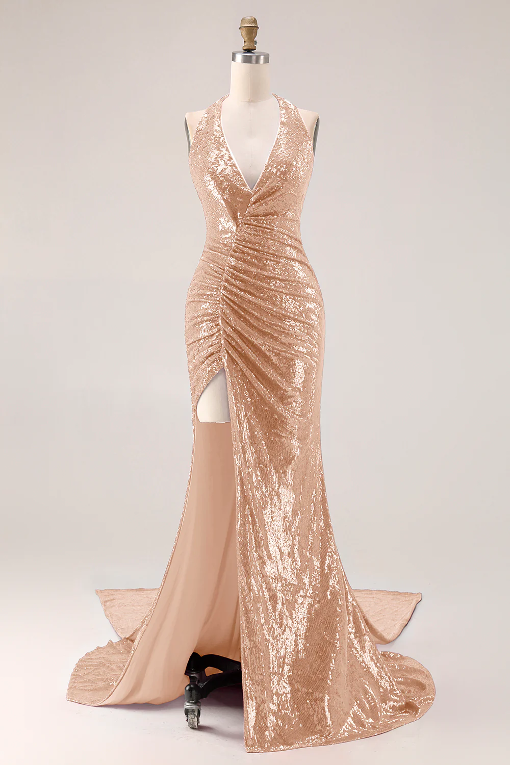 Sparkly Fuchsia Halter Mermaid Sequin Backless Long Prom Dress with Slit - Image 15