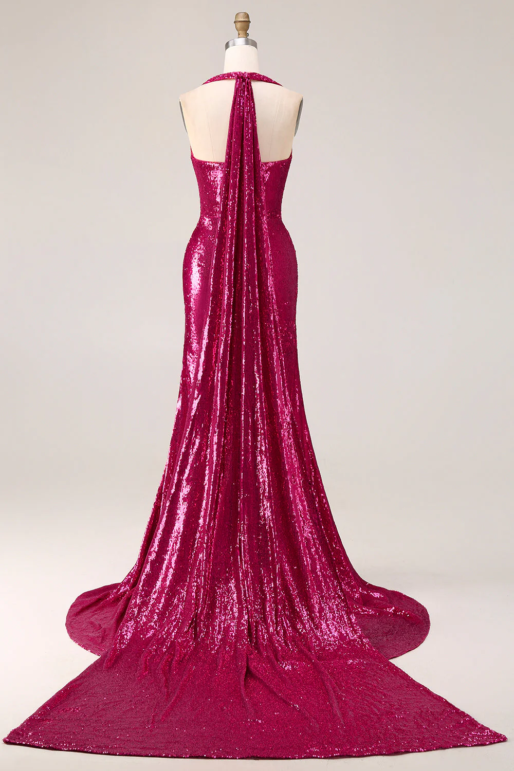 Sparkly Fuchsia Halter Mermaid Sequin Backless Long Prom Dress with Slit - Image 4