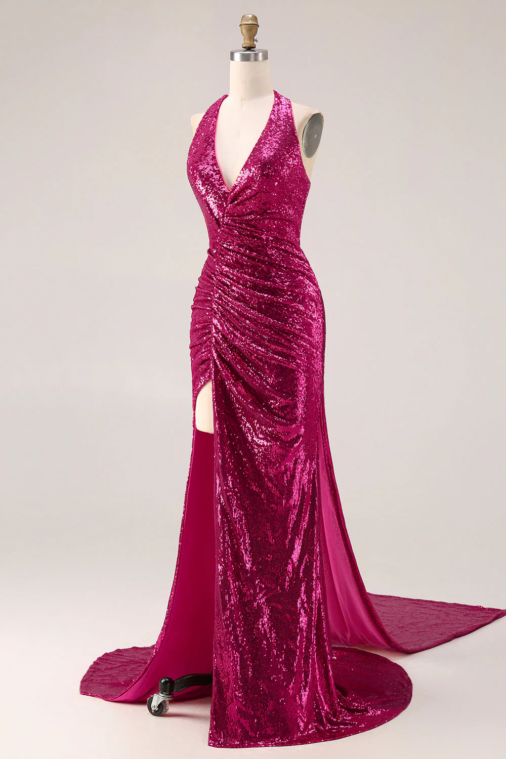 Sparkly Fuchsia Halter Mermaid Sequin Backless Long Prom Dress with Slit - Image 5