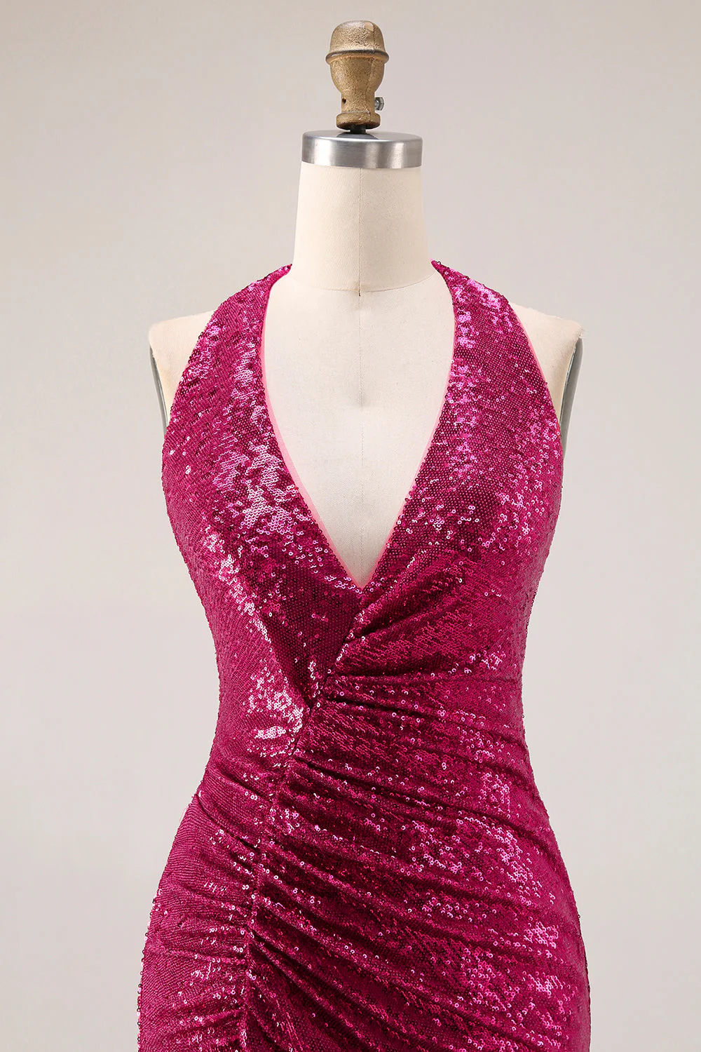 Sparkly Fuchsia Halter Mermaid Sequin Backless Long Prom Dress with Slit - Image 6