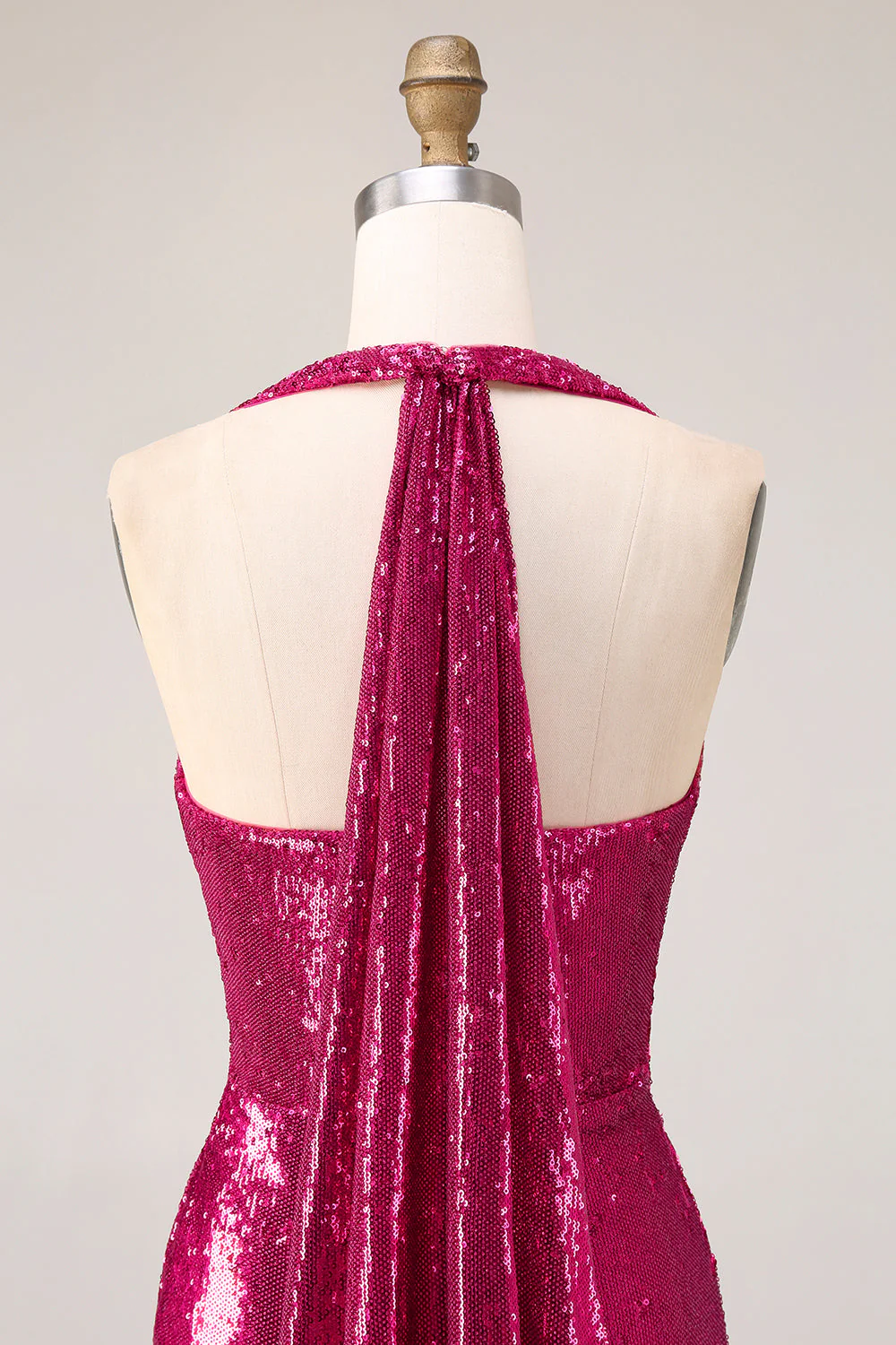 Sparkly Fuchsia Halter Mermaid Sequin Backless Long Prom Dress with Slit - Image 7
