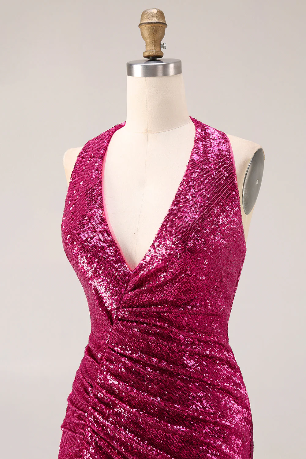 Sparkly Fuchsia Halter Mermaid Sequin Backless Long Prom Dress with Slit - Image 8