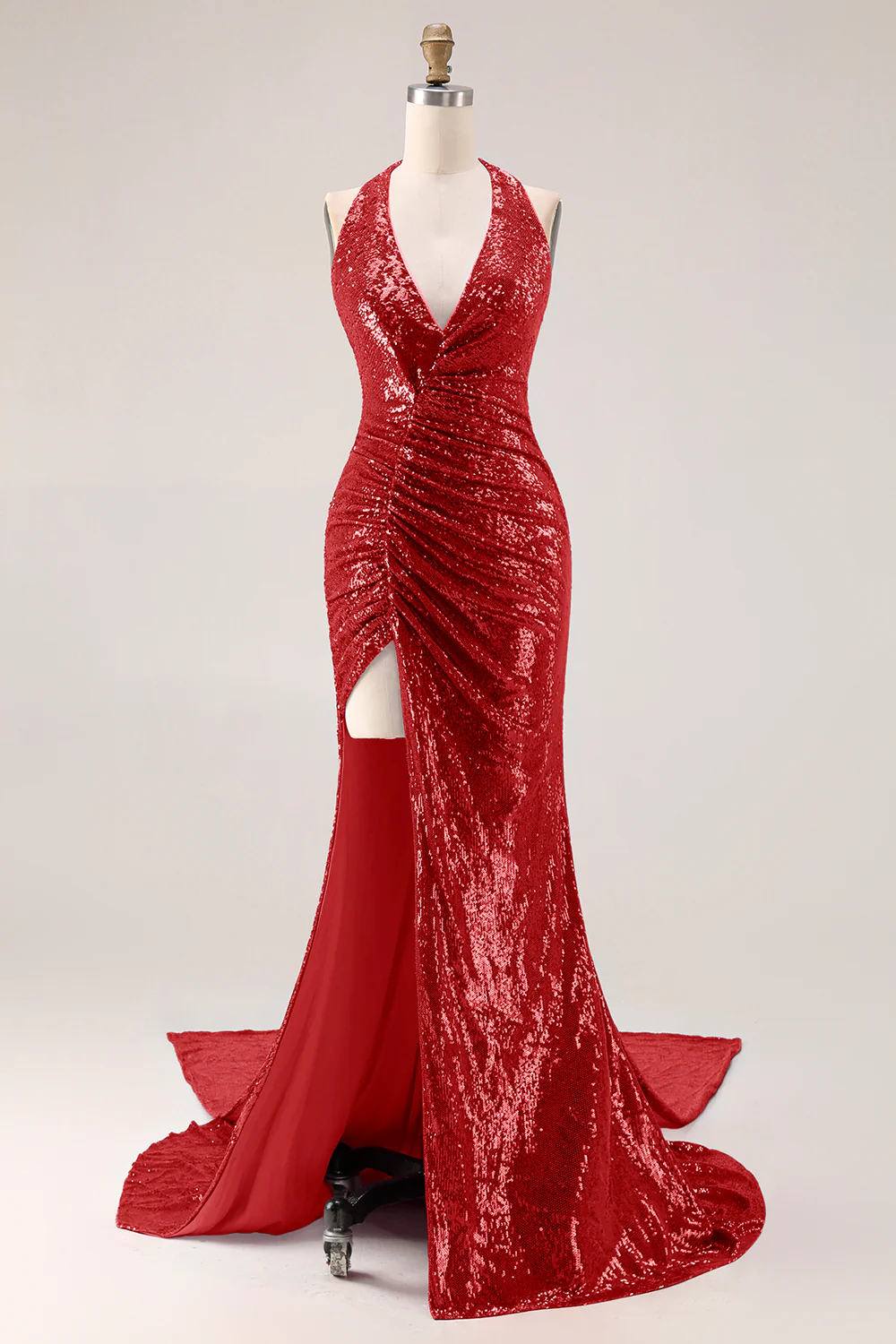 Sparkly Fuchsia Halter Mermaid Sequin Backless Long Prom Dress with Slit - Image 9