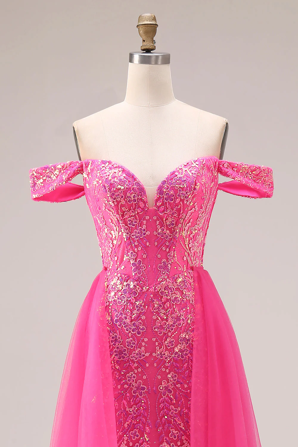 Sparkly Fuchsia Mermaid Off The Shoulder Convertible Long Prom Dress with Sequins - Image 10