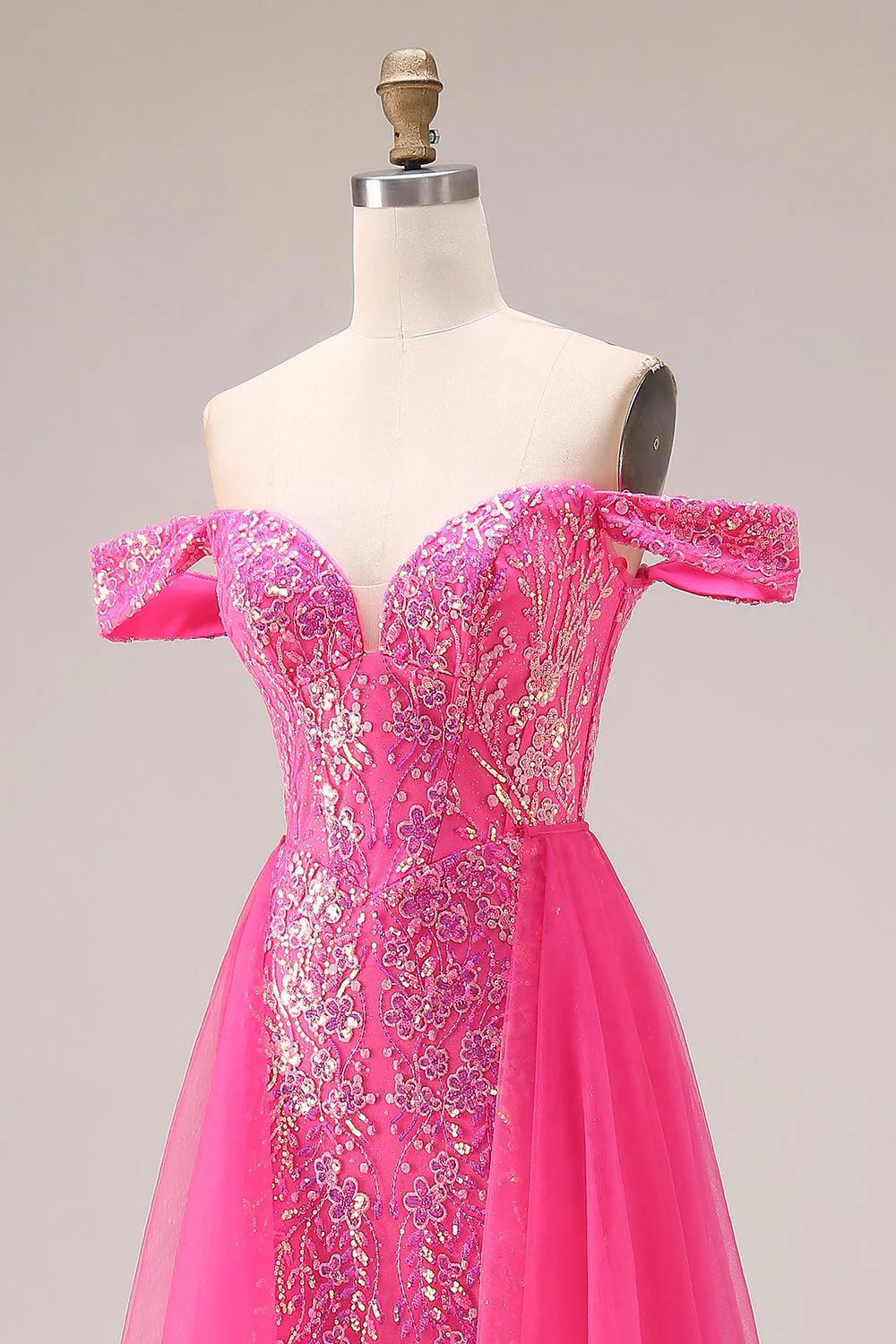 Sparkly Fuchsia Mermaid Off The Shoulder Convertible Long Prom Dress with Sequins - Image 12