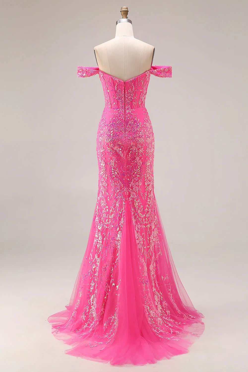 Sparkly Fuchsia Mermaid Off The Shoulder Convertible Long Prom Dress with Sequins - Image 2