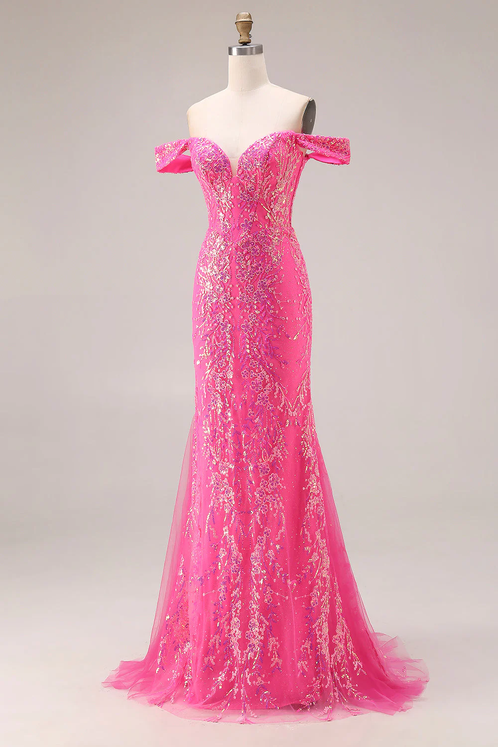 Sparkly Fuchsia Mermaid Off The Shoulder Convertible Long Prom Dress with Sequins - Image 3