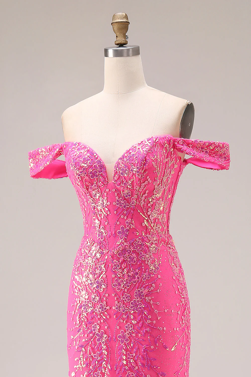 Sparkly Fuchsia Mermaid Off The Shoulder Convertible Long Prom Dress with Sequins - Image 4