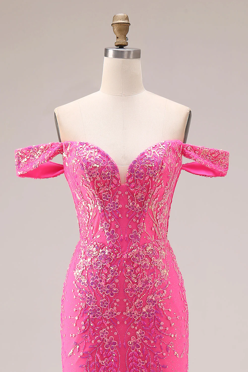 Sparkly Fuchsia Mermaid Off The Shoulder Convertible Long Prom Dress with Sequins - Image 6