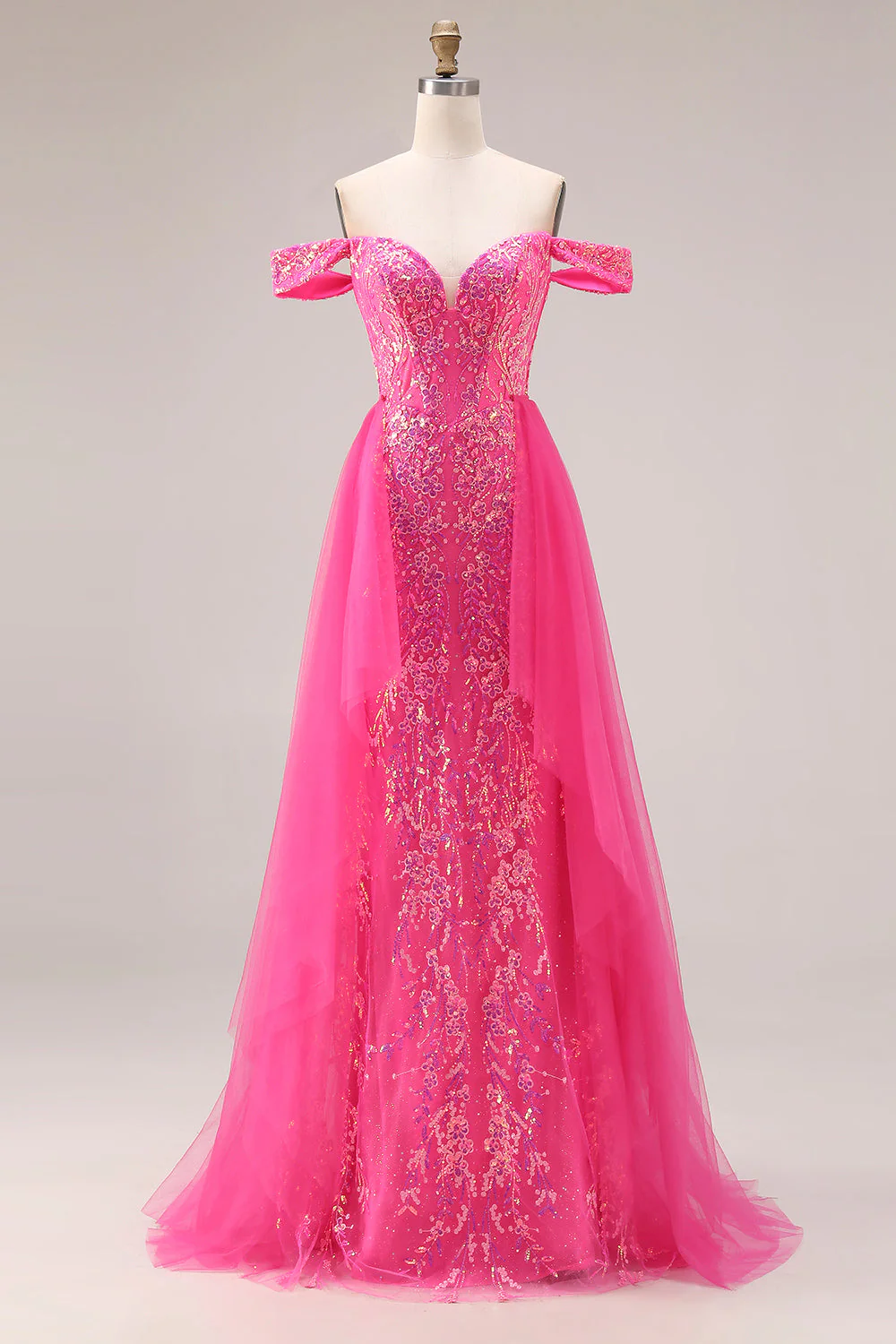 Sparkly Fuchsia Mermaid Off The Shoulder Convertible Long Prom Dress with Sequins - Image 7