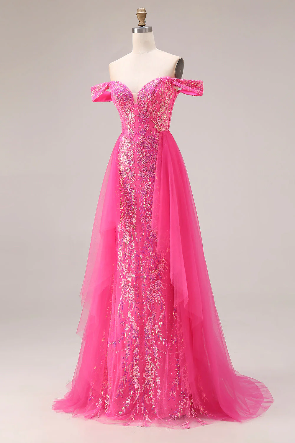 Sparkly Fuchsia Mermaid Off The Shoulder Convertible Long Prom Dress with Sequins - Image 9