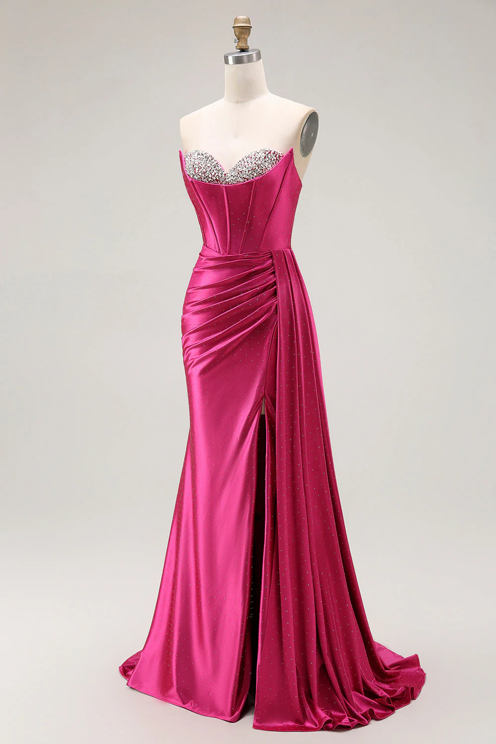 Sparkly Fuchsia Mermaid Sweetheart Beaded Pleated Long Prom Dress with Slit - Image 3