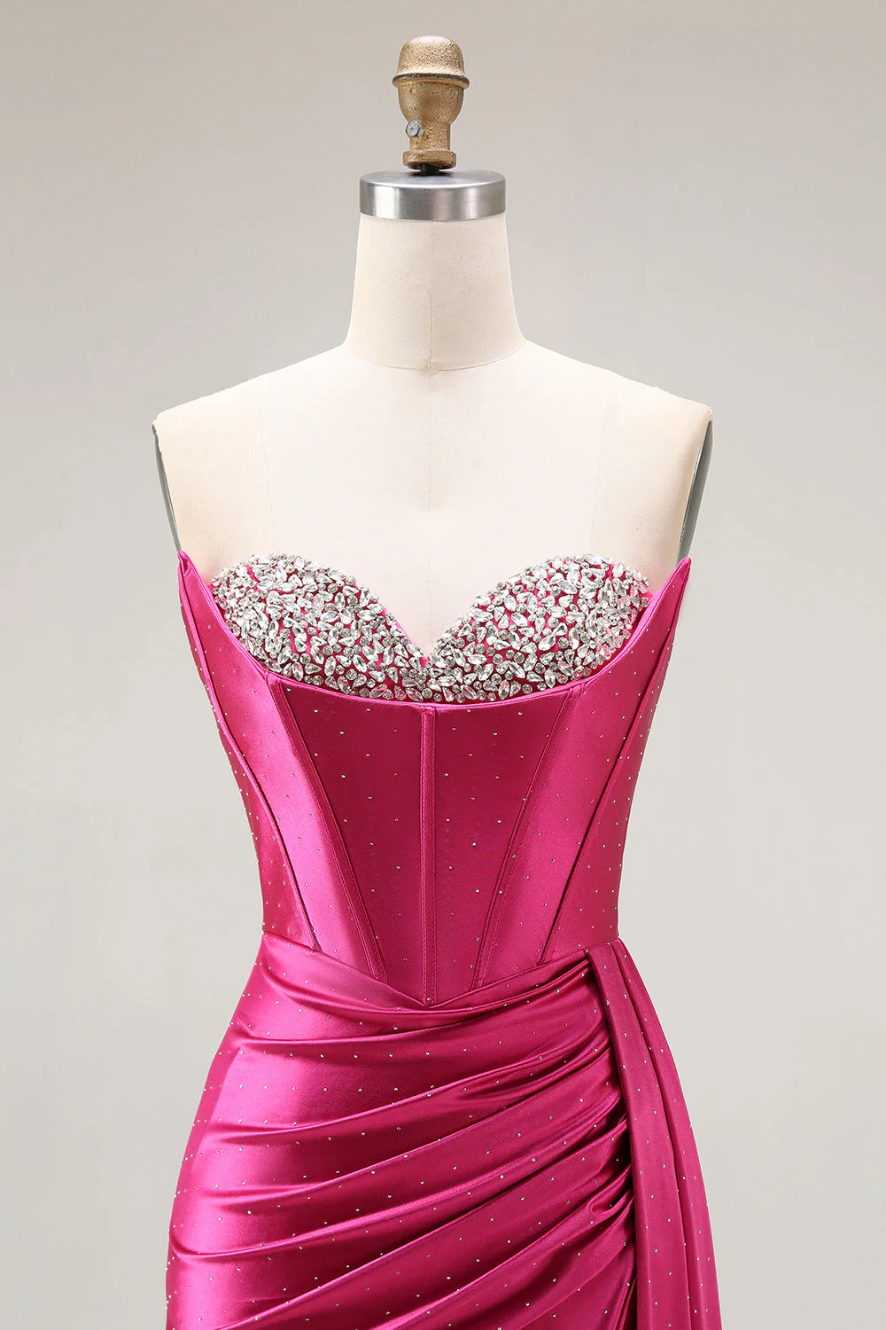 Sparkly Fuchsia Mermaid Sweetheart Beaded Pleated Long Prom Dress with Slit - Image 4