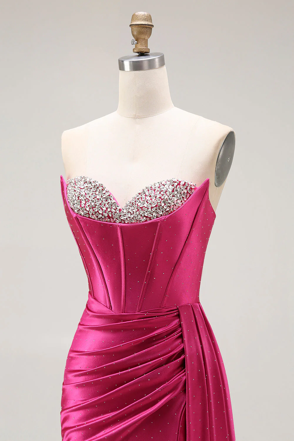 Sparkly Fuchsia Mermaid Sweetheart Beaded Pleated Long Prom Dress with Slit - Image 6