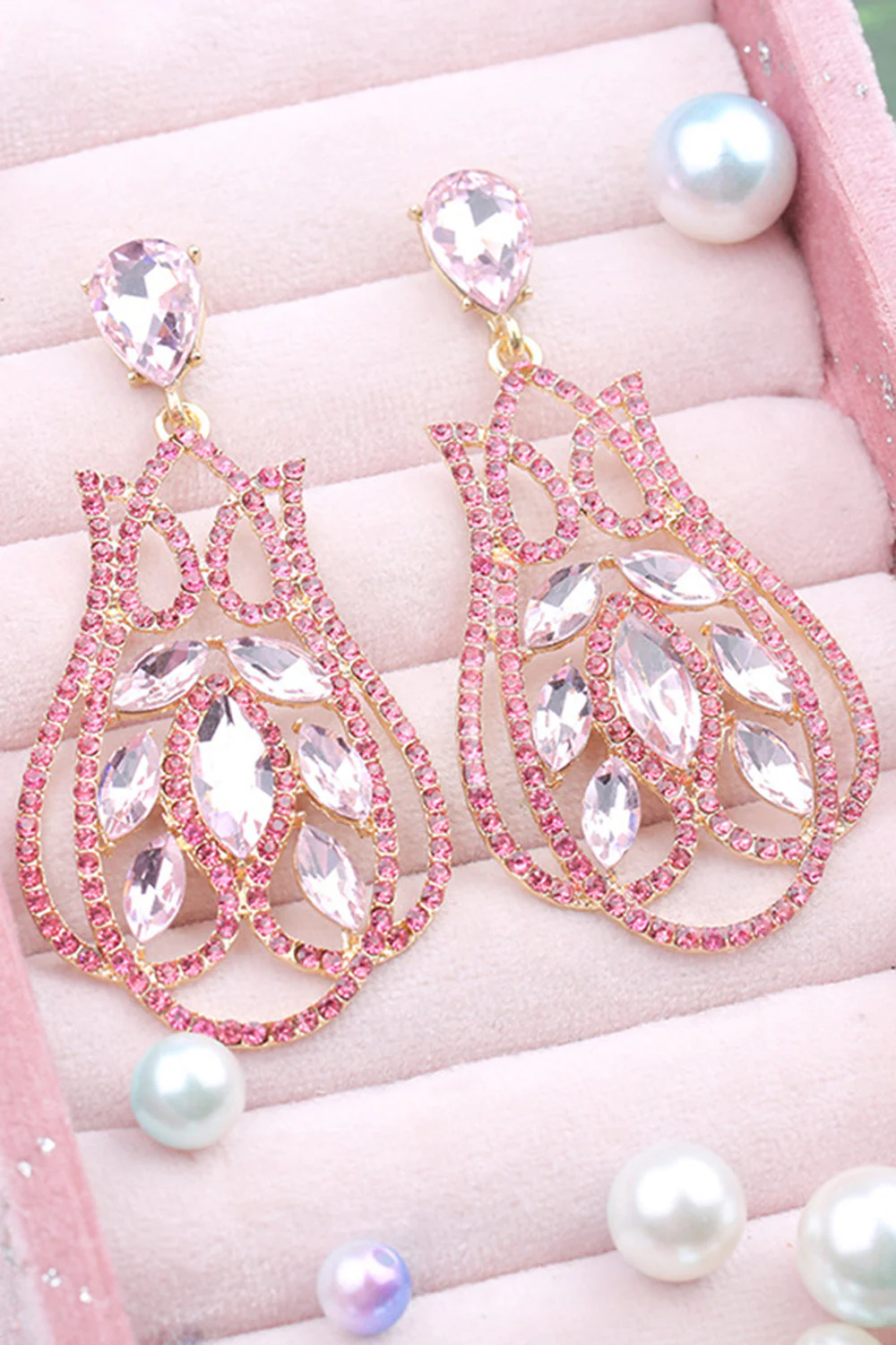 Sparkly Fuchsia Rhinestones Prom Drop Earrings - Image 2