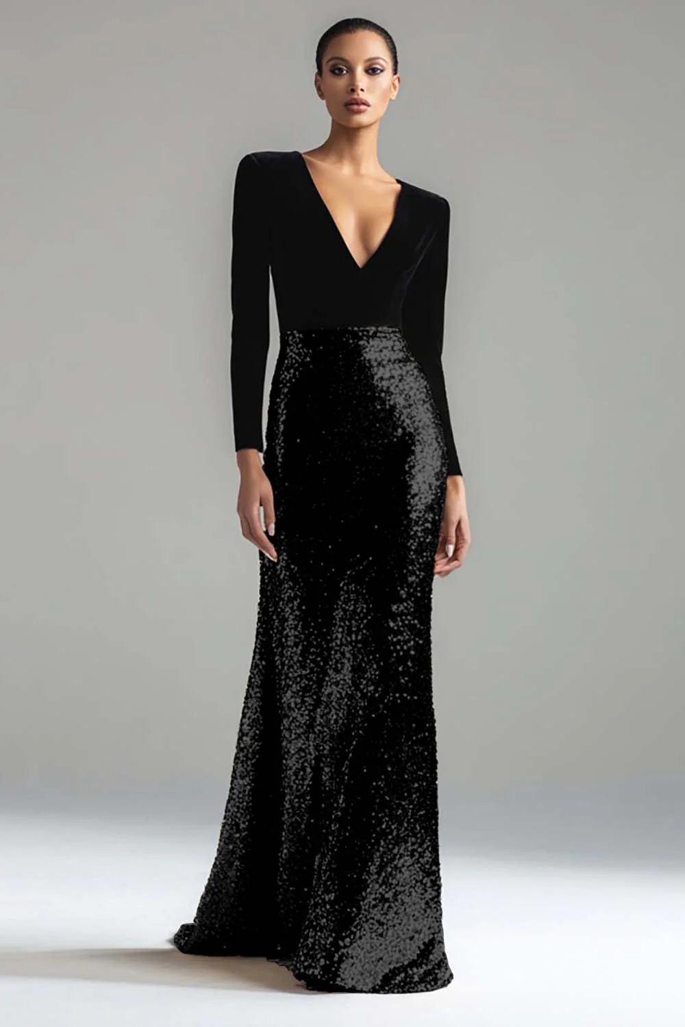 Sparkly Gold and Black V-Neck Sheath Long Evening Dress with Sleeve - Image 13