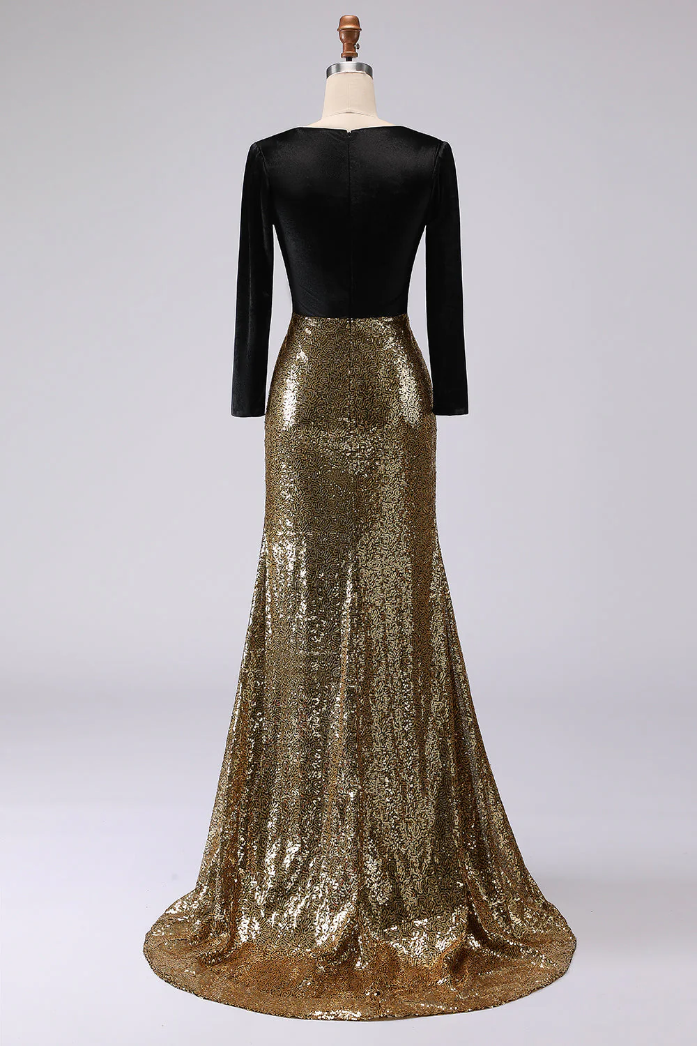 Sparkly Gold and Black V-Neck Sheath Long Evening Dress with Sleeve - Image 2
