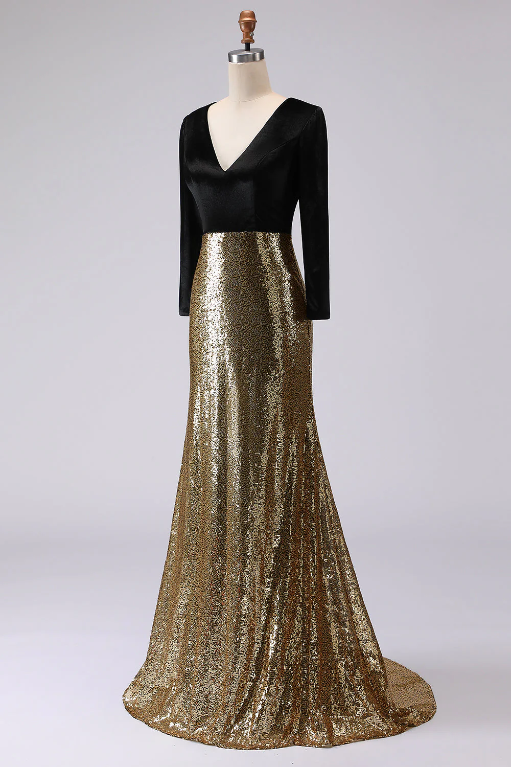 Sparkly Gold and Black V-Neck Sheath Long Evening Dress with Sleeve - Image 5