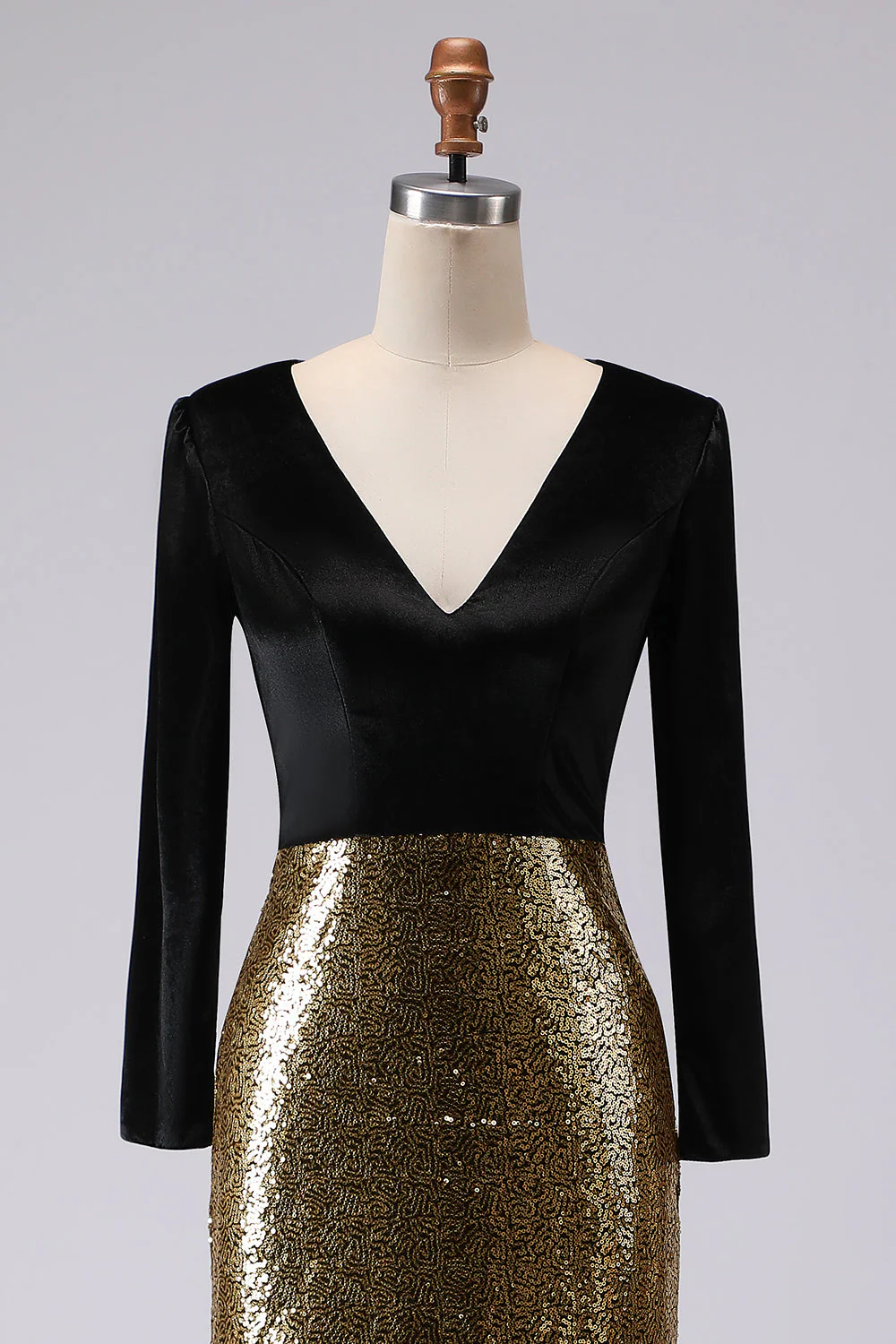 Sparkly Gold and Black V-Neck Sheath Long Evening Dress with Sleeve - Image 6