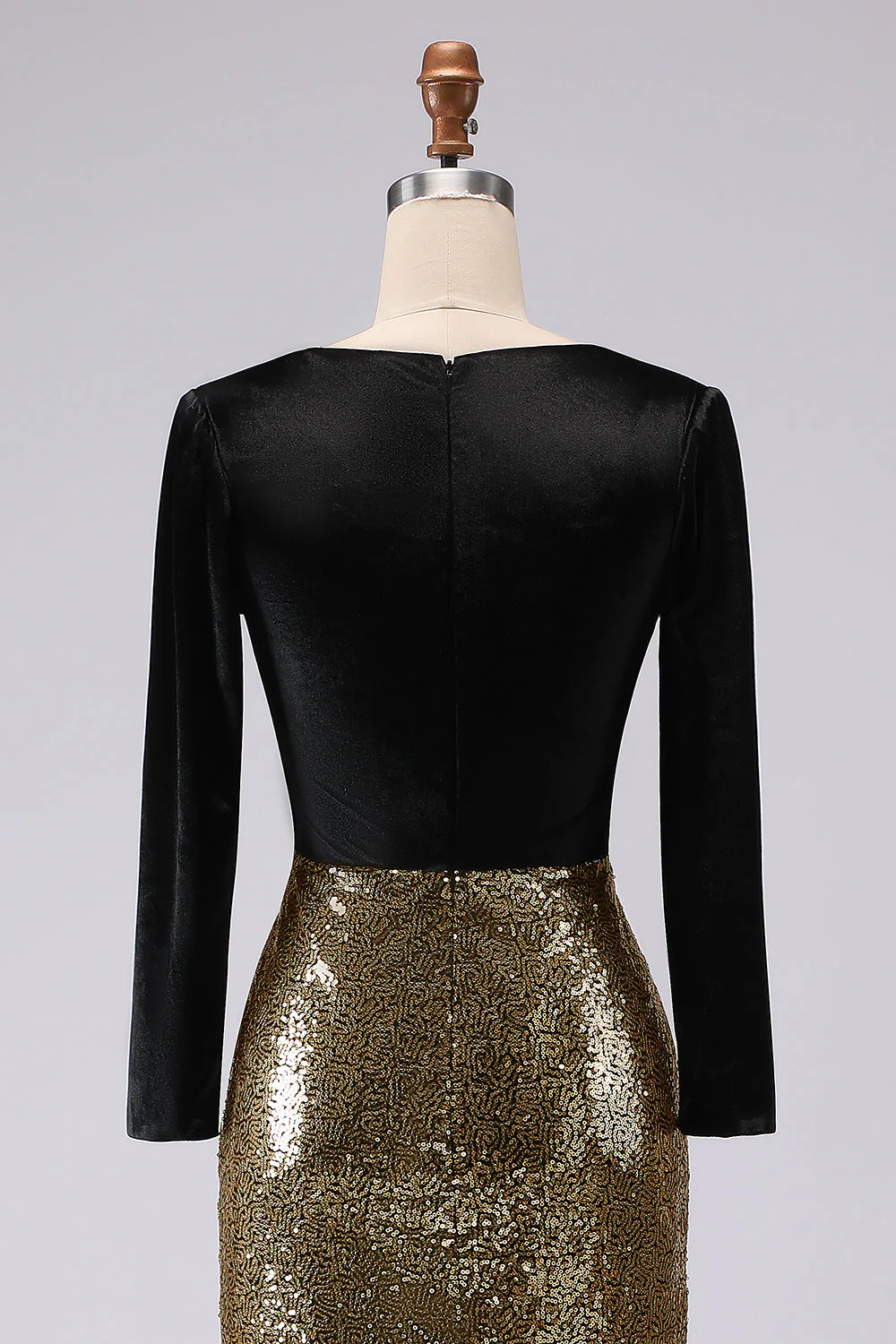 Sparkly Gold and Black V-Neck Sheath Long Evening Dress with Sleeve - Image 7