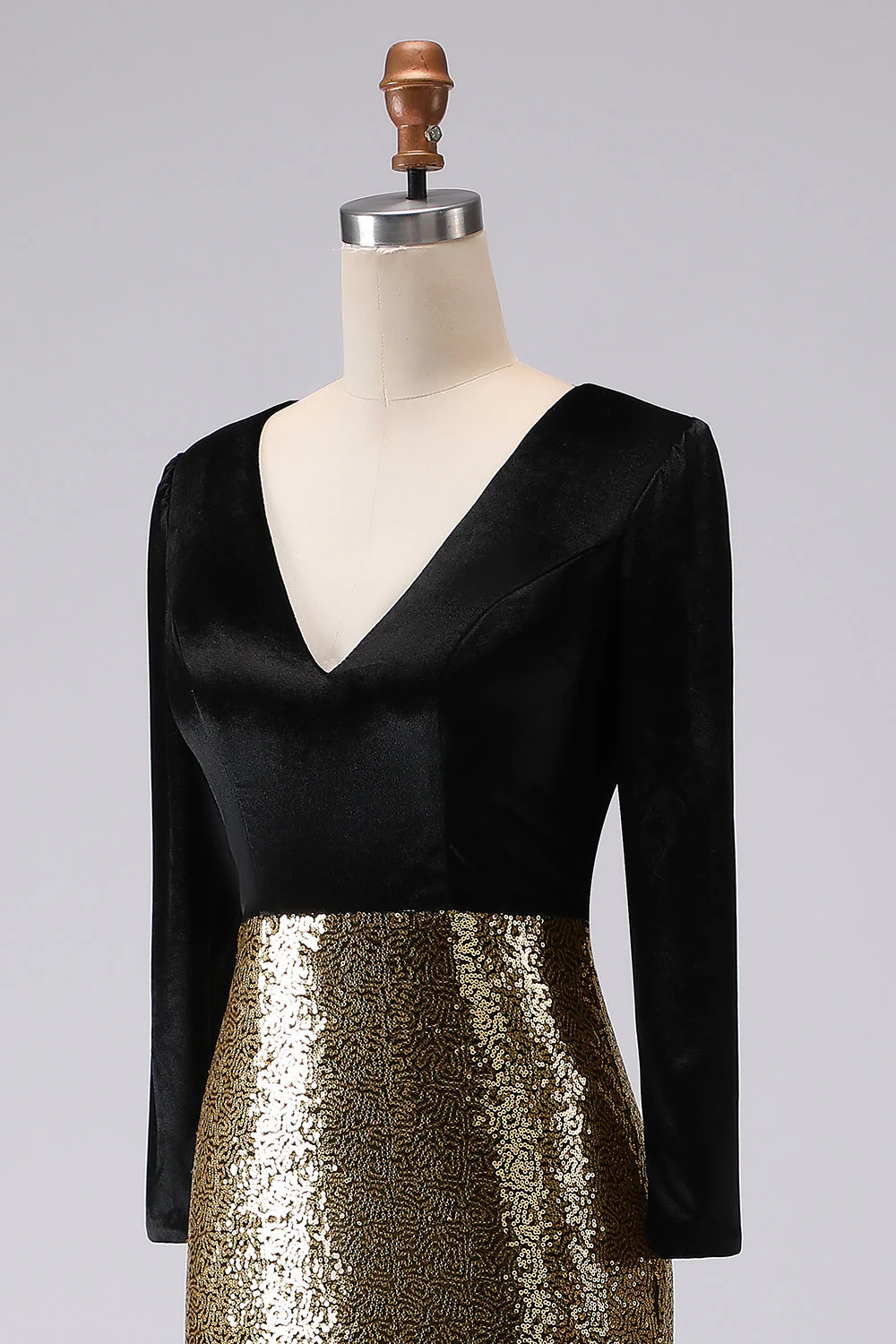 Sparkly Gold and Black V-Neck Sheath Long Evening Dress with Sleeve - Image 8