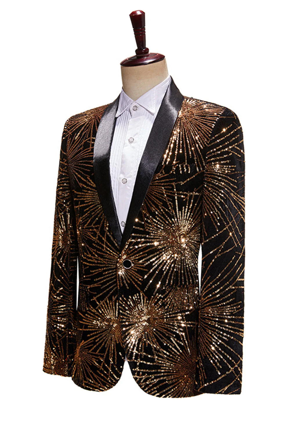 Sparkly Gold One Button Notched Lapel Men's Prom Blazer - Image 4