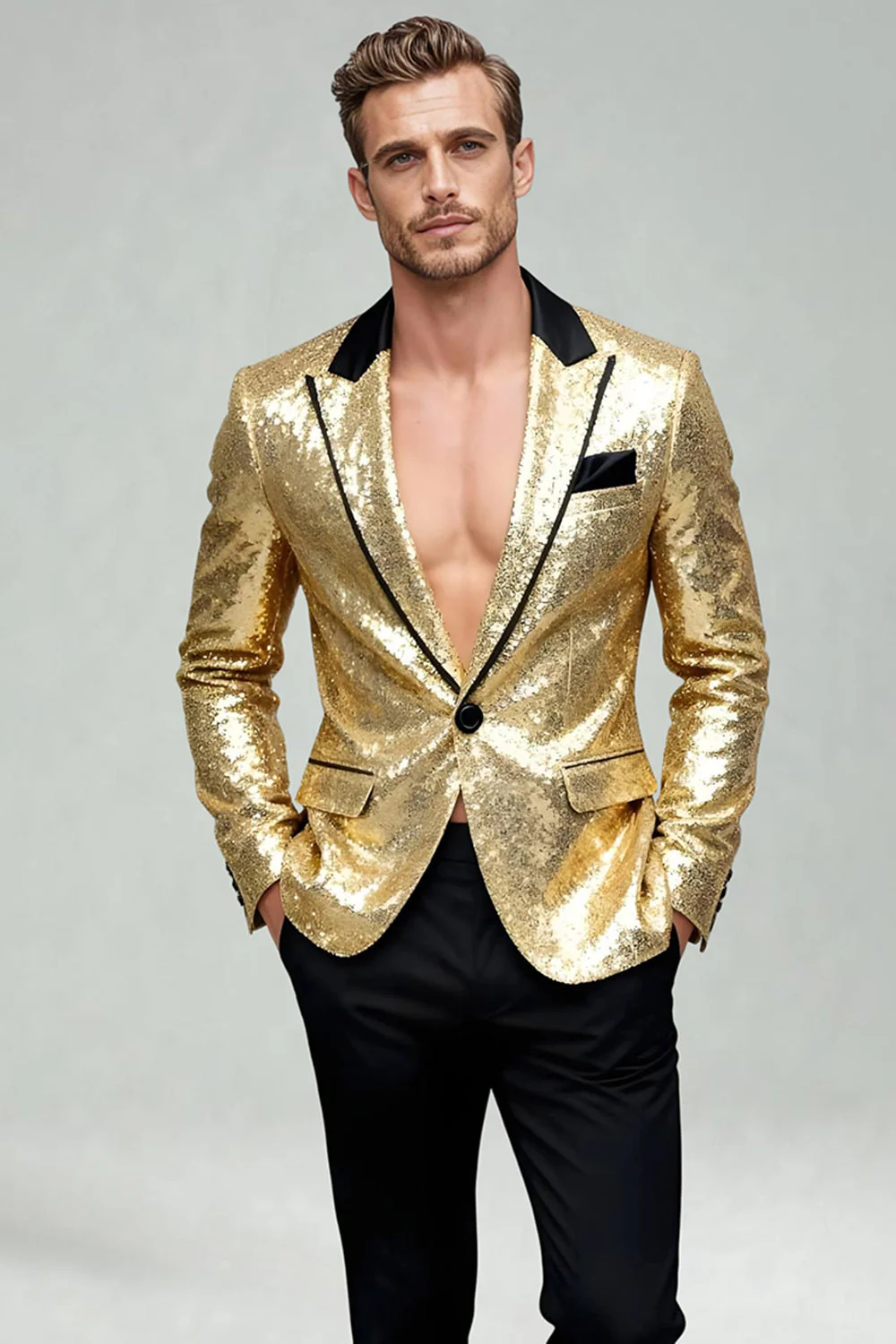 Sparkly Gold Peak Lapel Men's Prom Blazer - Image 2