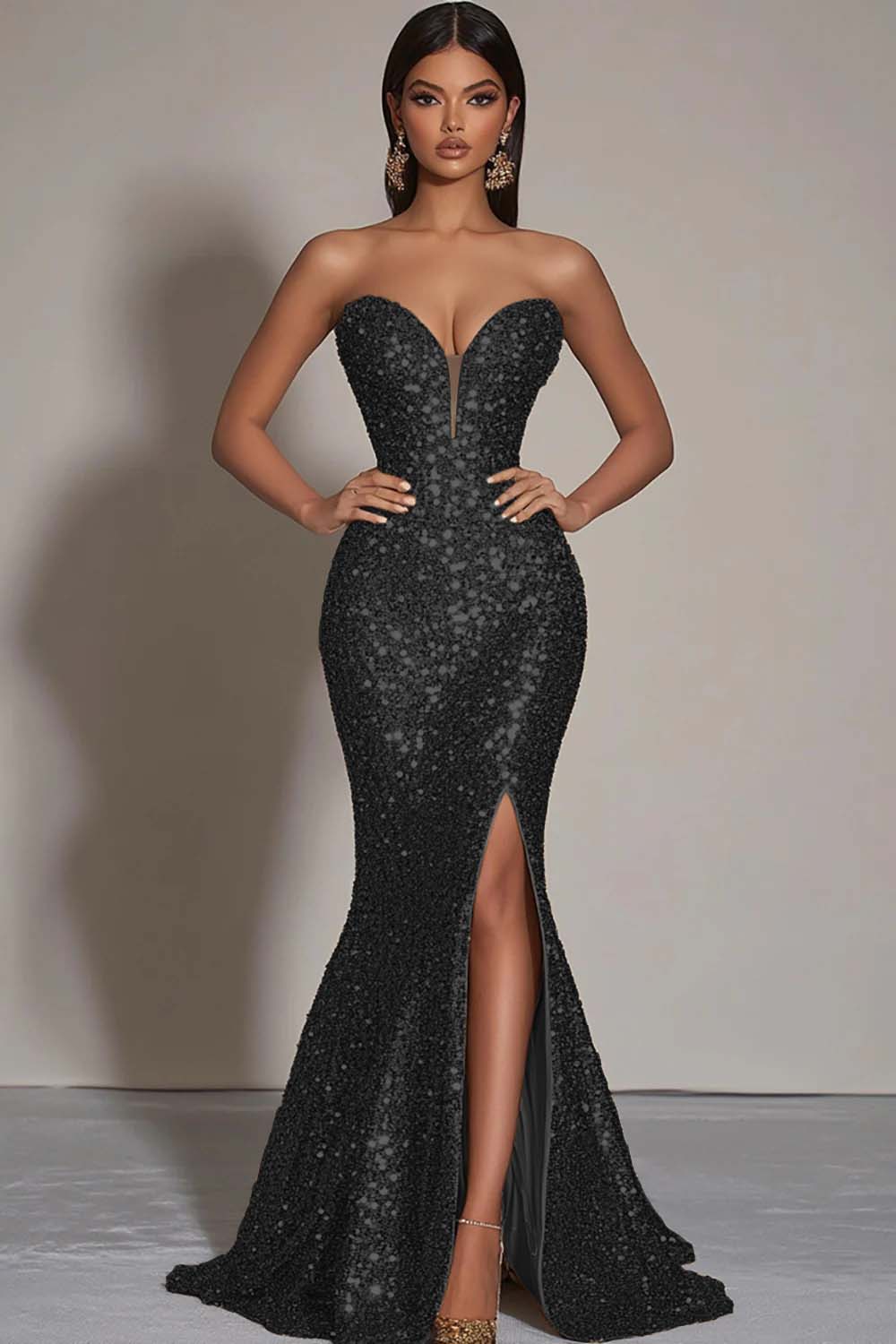 Sparkly Gold Sequins Strapless Mermaid Evening Dress with Slit - Image 4