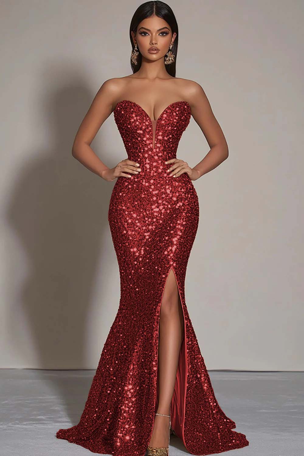 Sparkly Gold Sequins Strapless Mermaid Evening Dress with Slit - Image 5