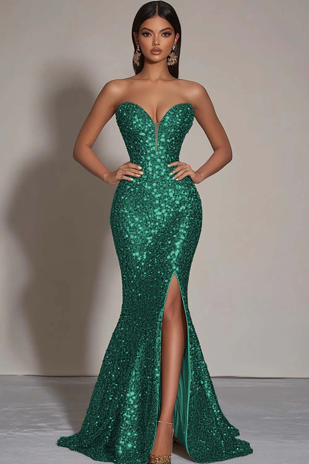 Sparkly Gold Sequins Strapless Mermaid Evening Dress with Slit - Image 6