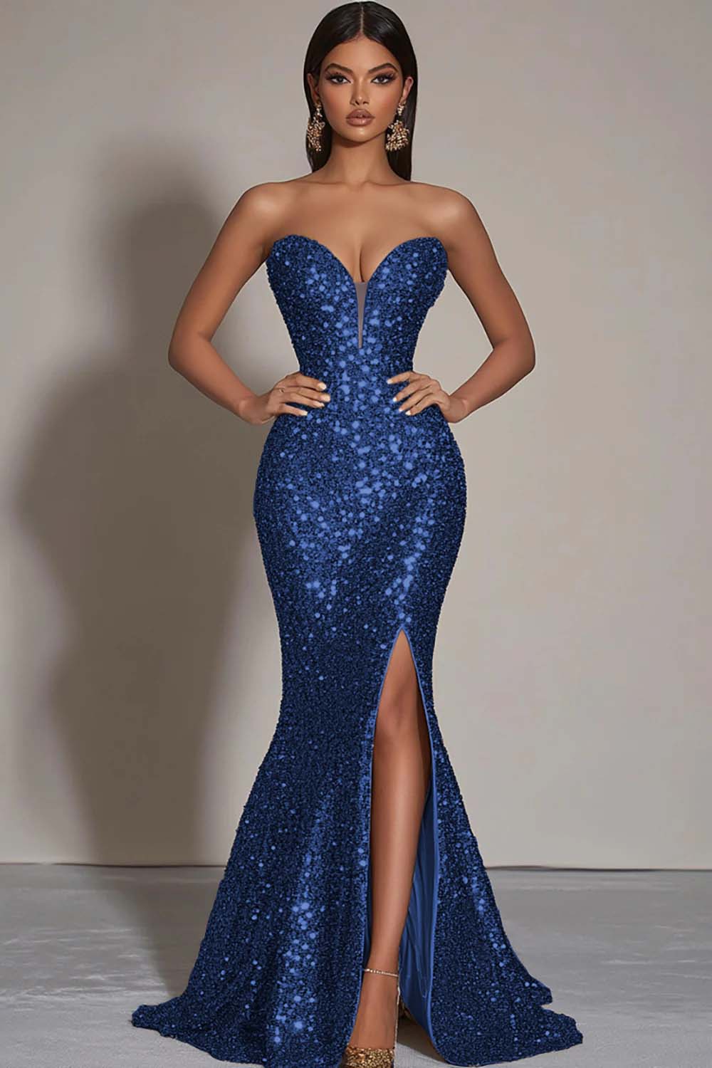 Sparkly Gold Sequins Strapless Mermaid Evening Dress with Slit - Image 7