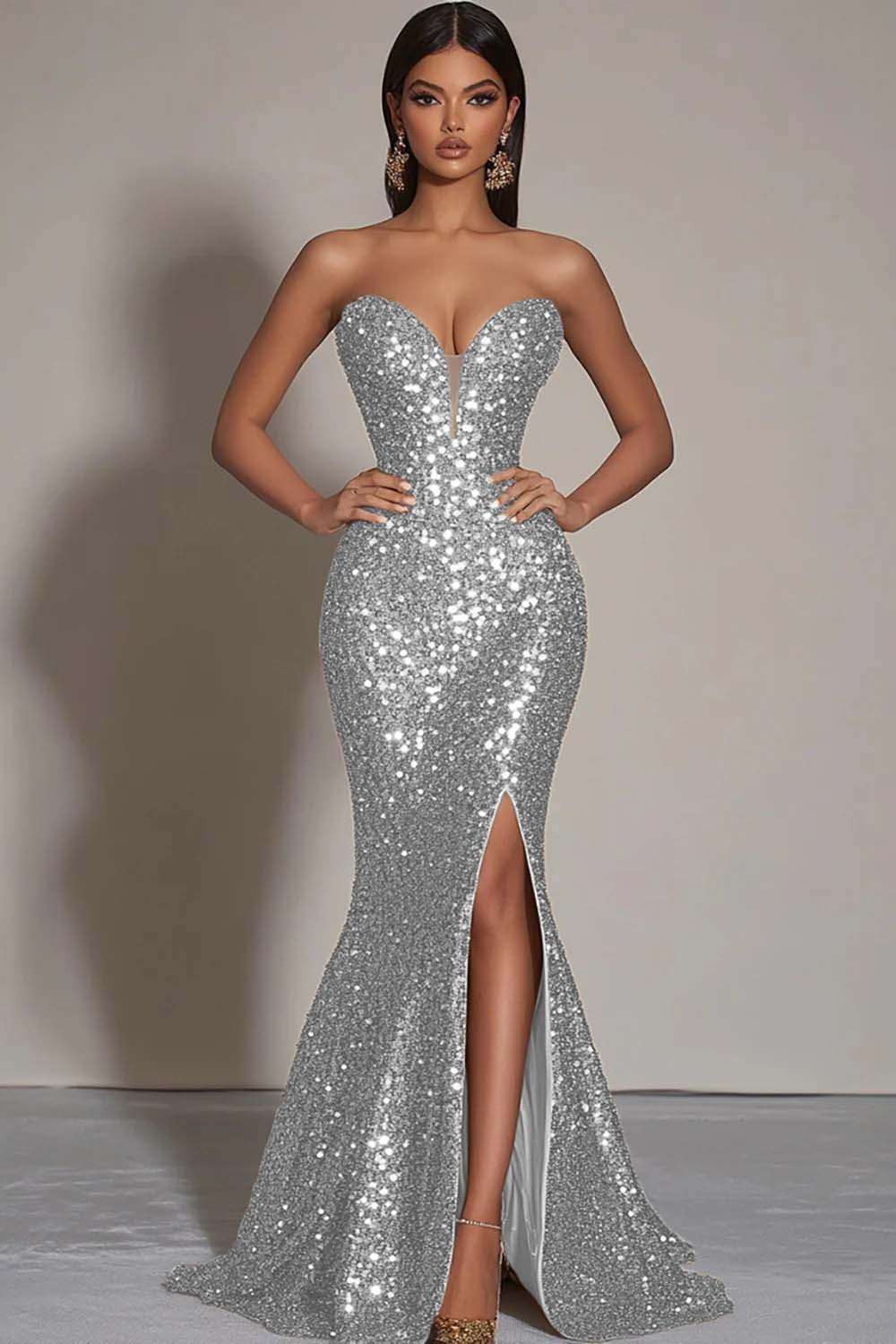 Sparkly Gold Sequins Strapless Mermaid Evening Dress with Slit - Image 8