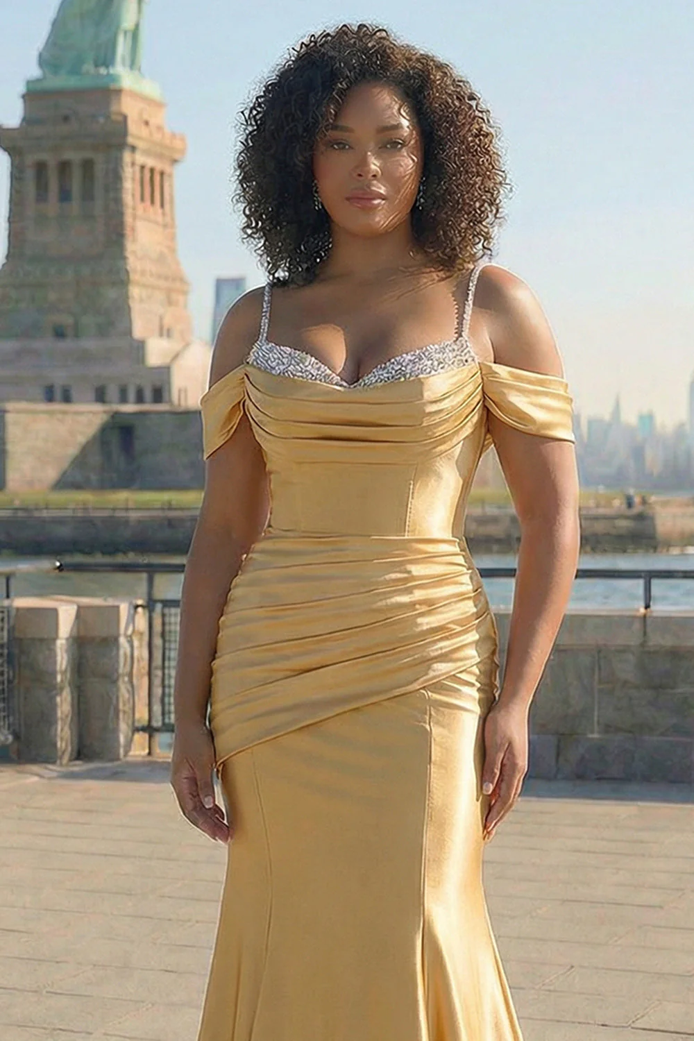 Sparkly Golden Cold Shoulder Sequined Mermaid Satin Long Plus Size Prom Dress - Image 3