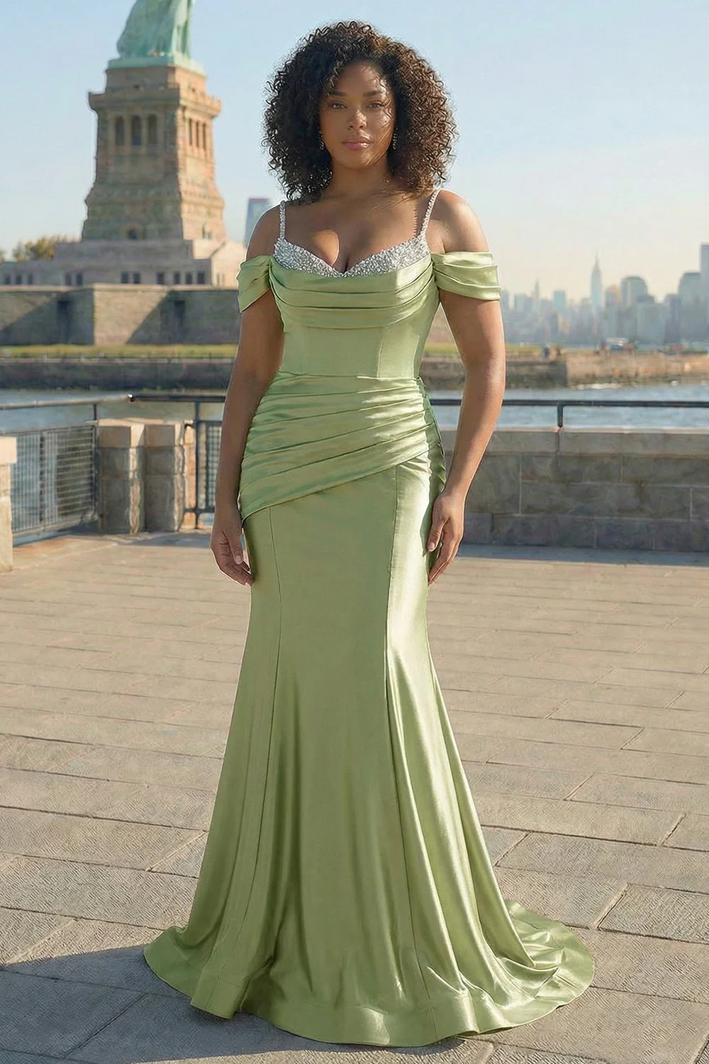 Sparkly Golden Cold Shoulder Sequined Mermaid Satin Long Plus Size Prom Dress - Image 5