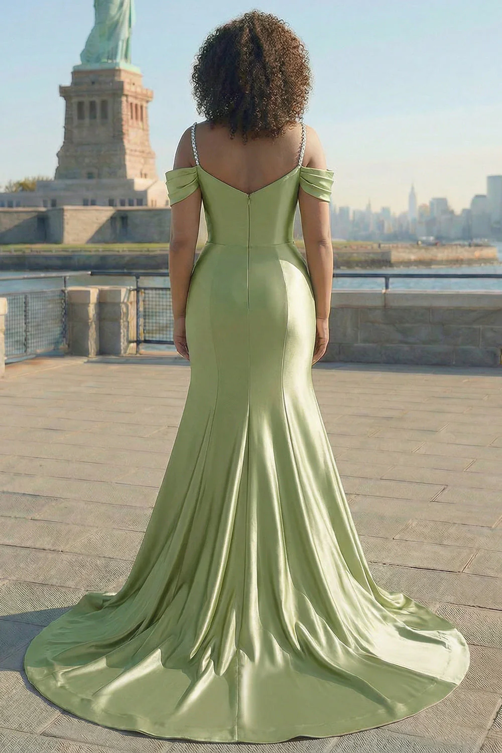 Sparkly Golden Cold Shoulder Sequined Mermaid Satin Long Plus Size Prom Dress - Image 6