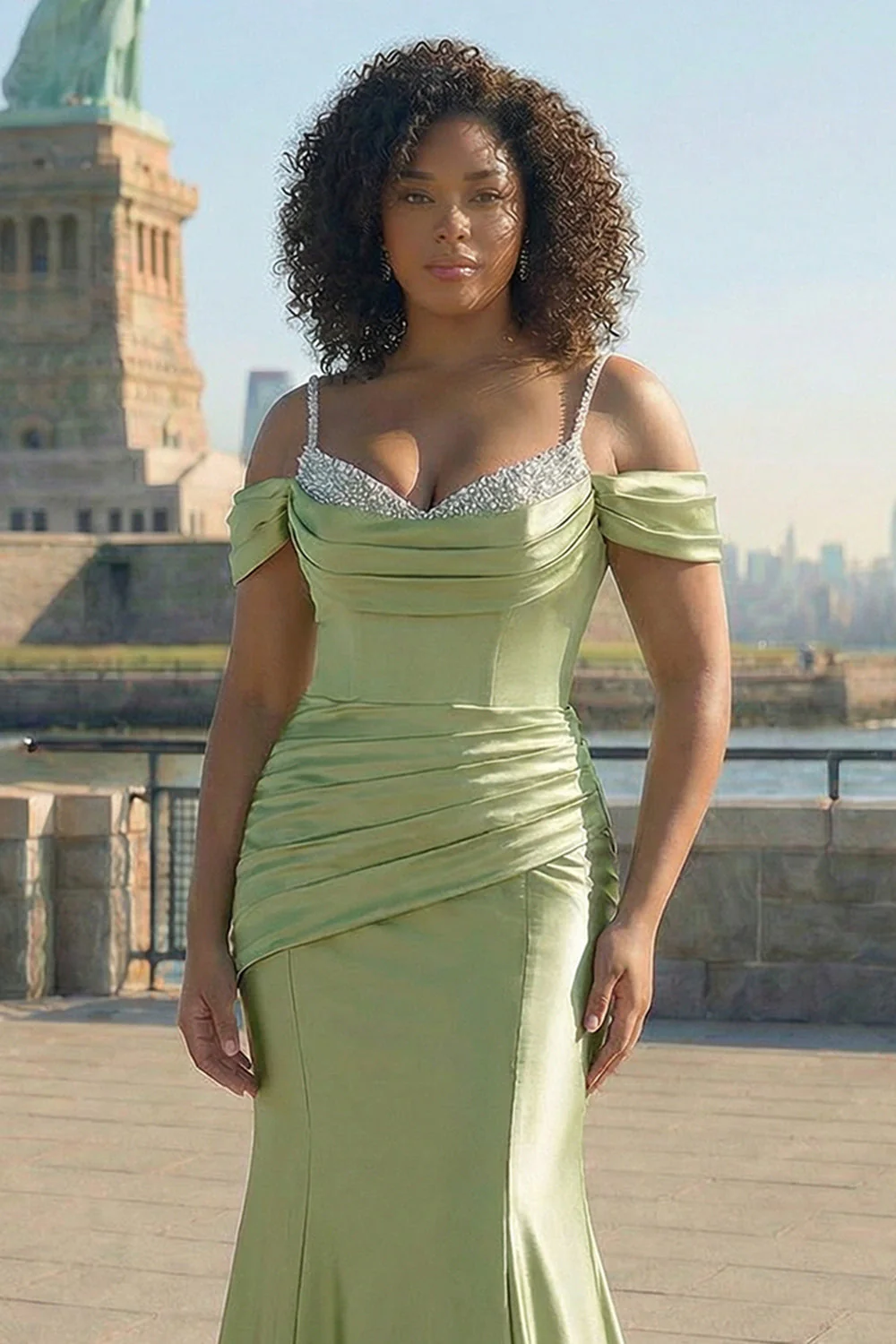 Sparkly Golden Cold Shoulder Sequined Mermaid Satin Long Plus Size Prom Dress - Image 7