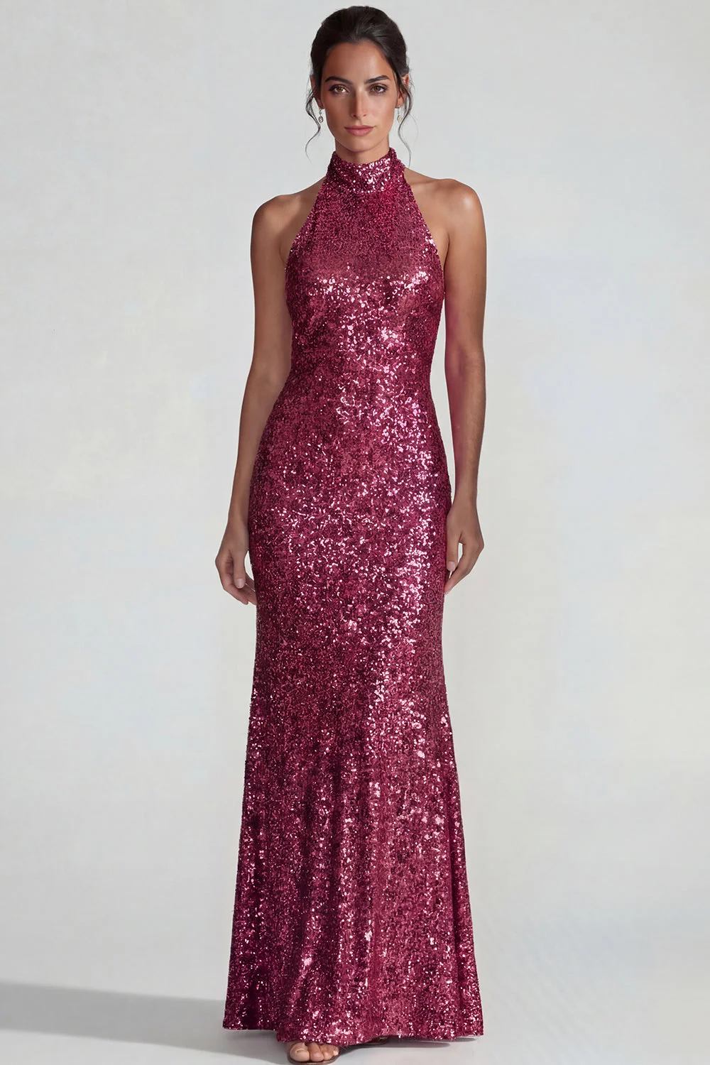 Sparkly Golden Halter Sheath Sequins Long Evening Dress - Image 5