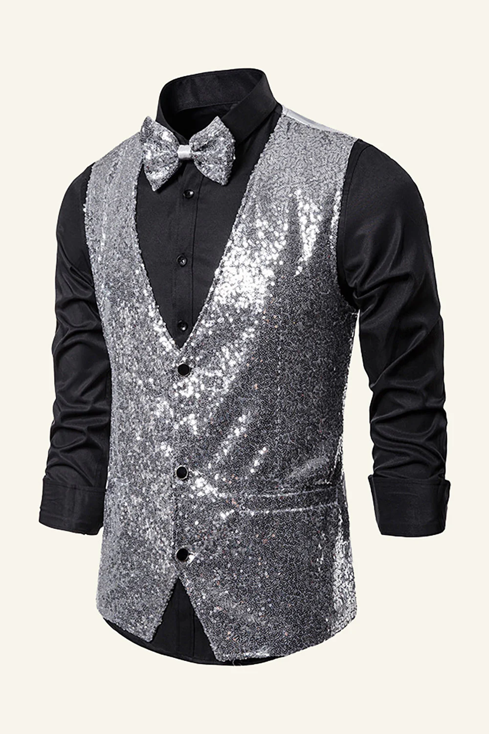 Sparkly Golden Lapel Sequins Men's Vest with Bow Tie - Image 12