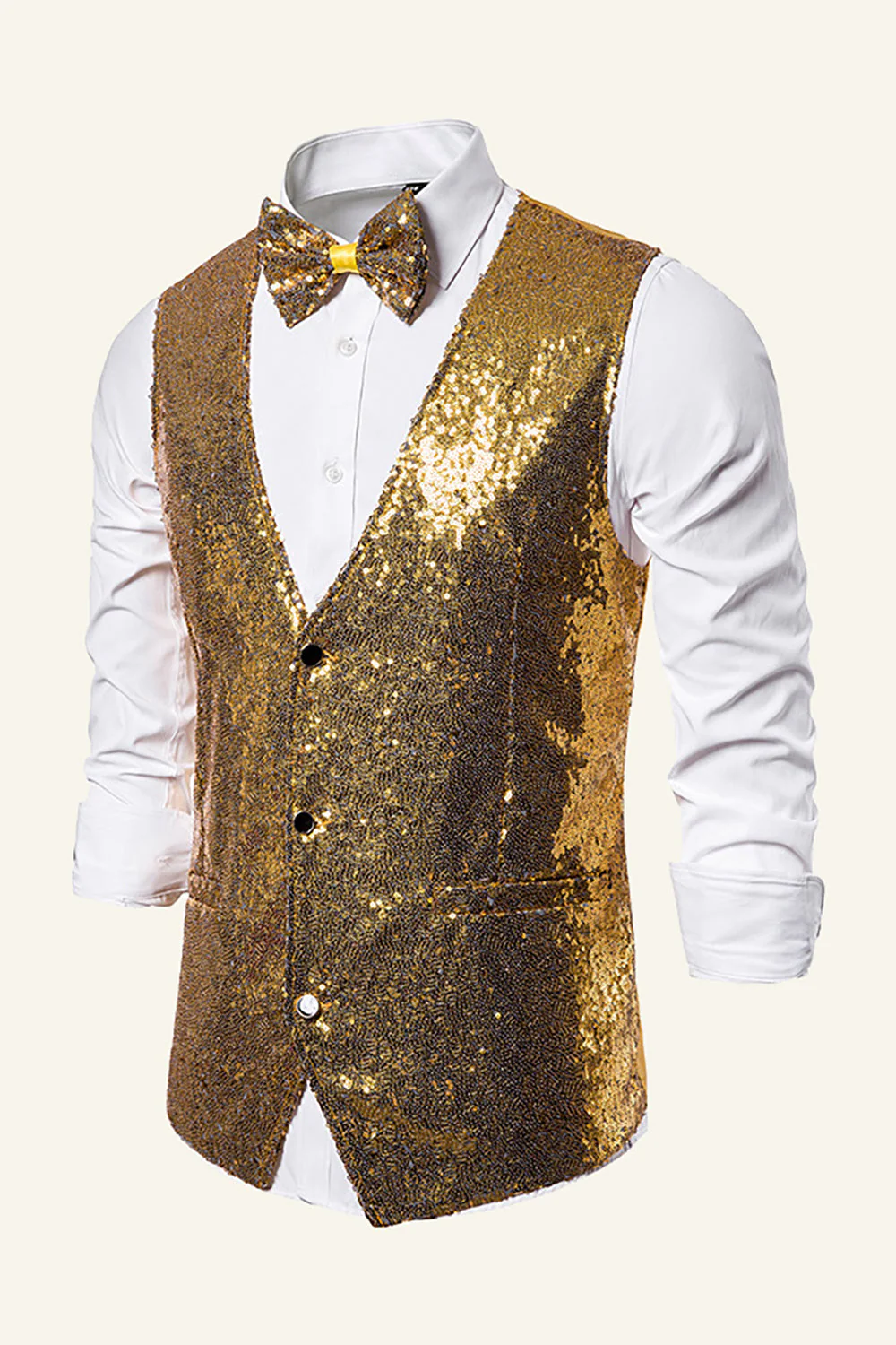 Sparkly Golden Lapel Sequins Men's Vest with Bow Tie - Image 3