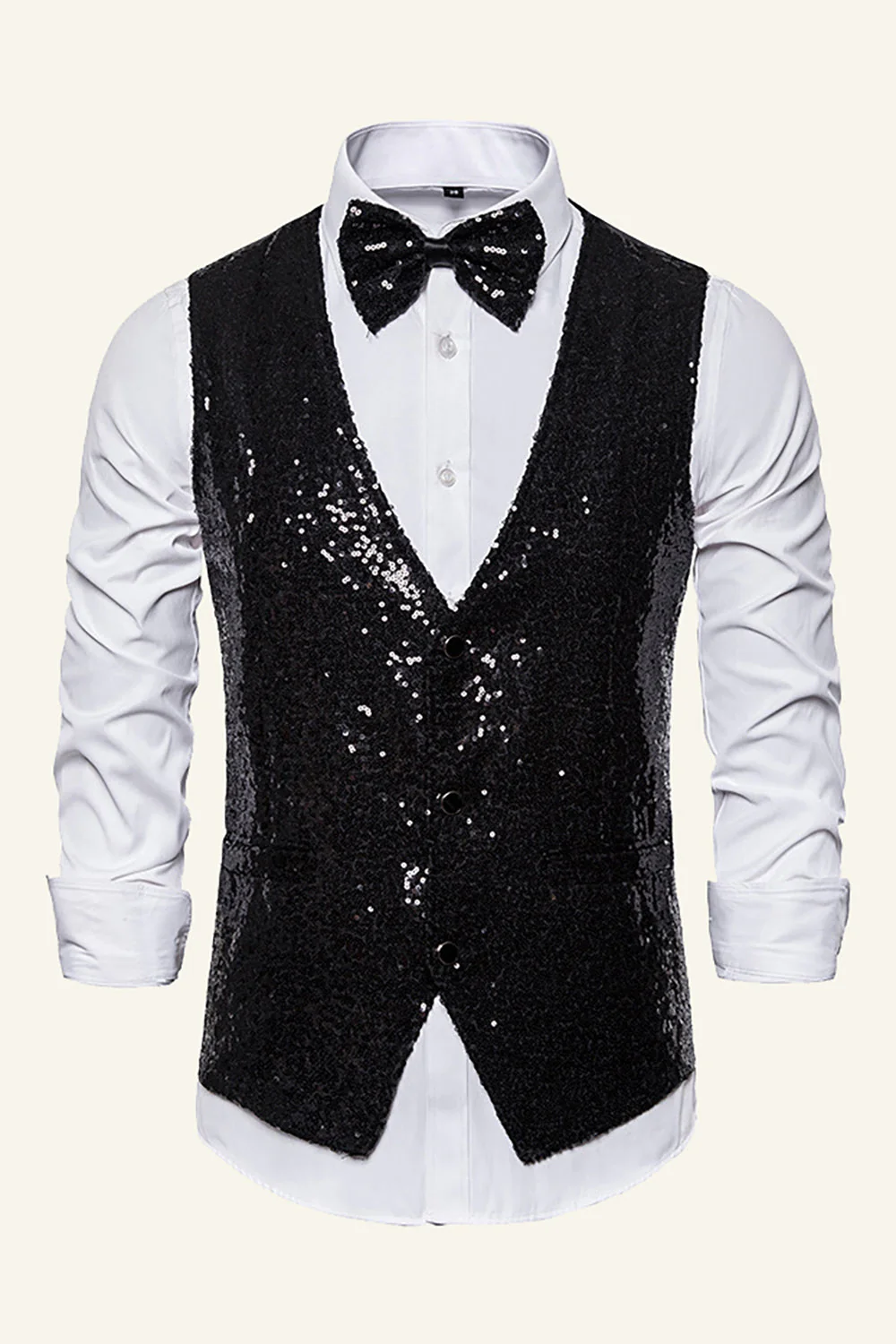 Sparkly Golden Lapel Sequins Men's Vest with Bow Tie - Image 4