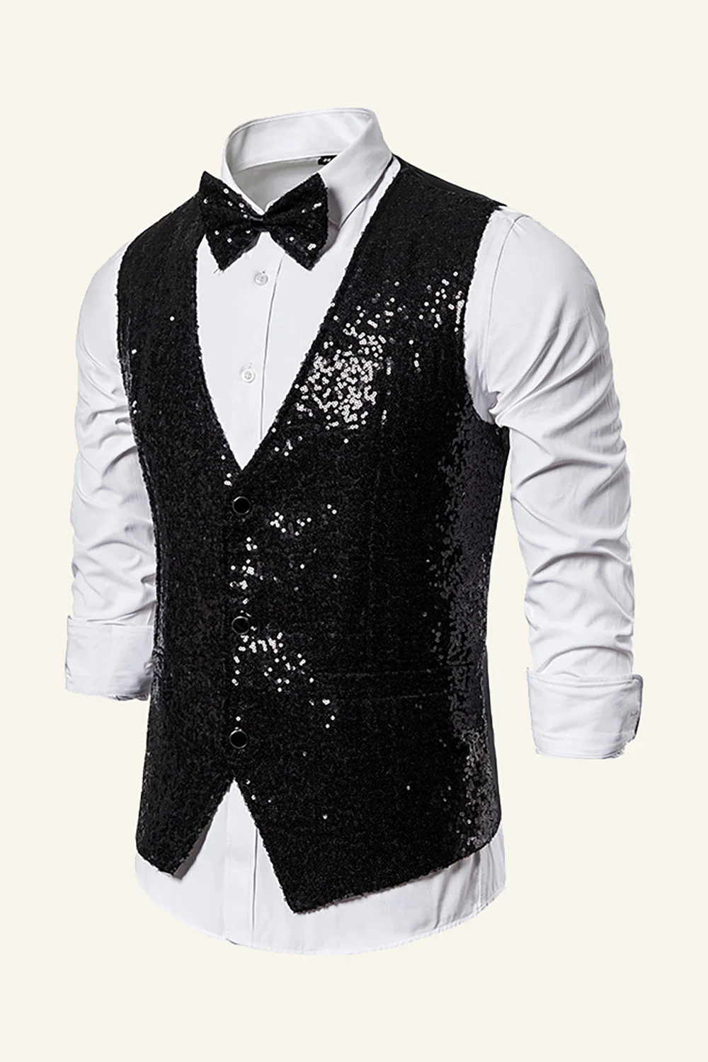 Sparkly Golden Lapel Sequins Men's Vest with Bow Tie - Image 5