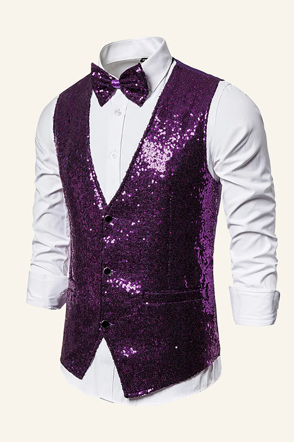 Sparkly Golden Lapel Sequins Men's Vest with Bow Tie - Image 9