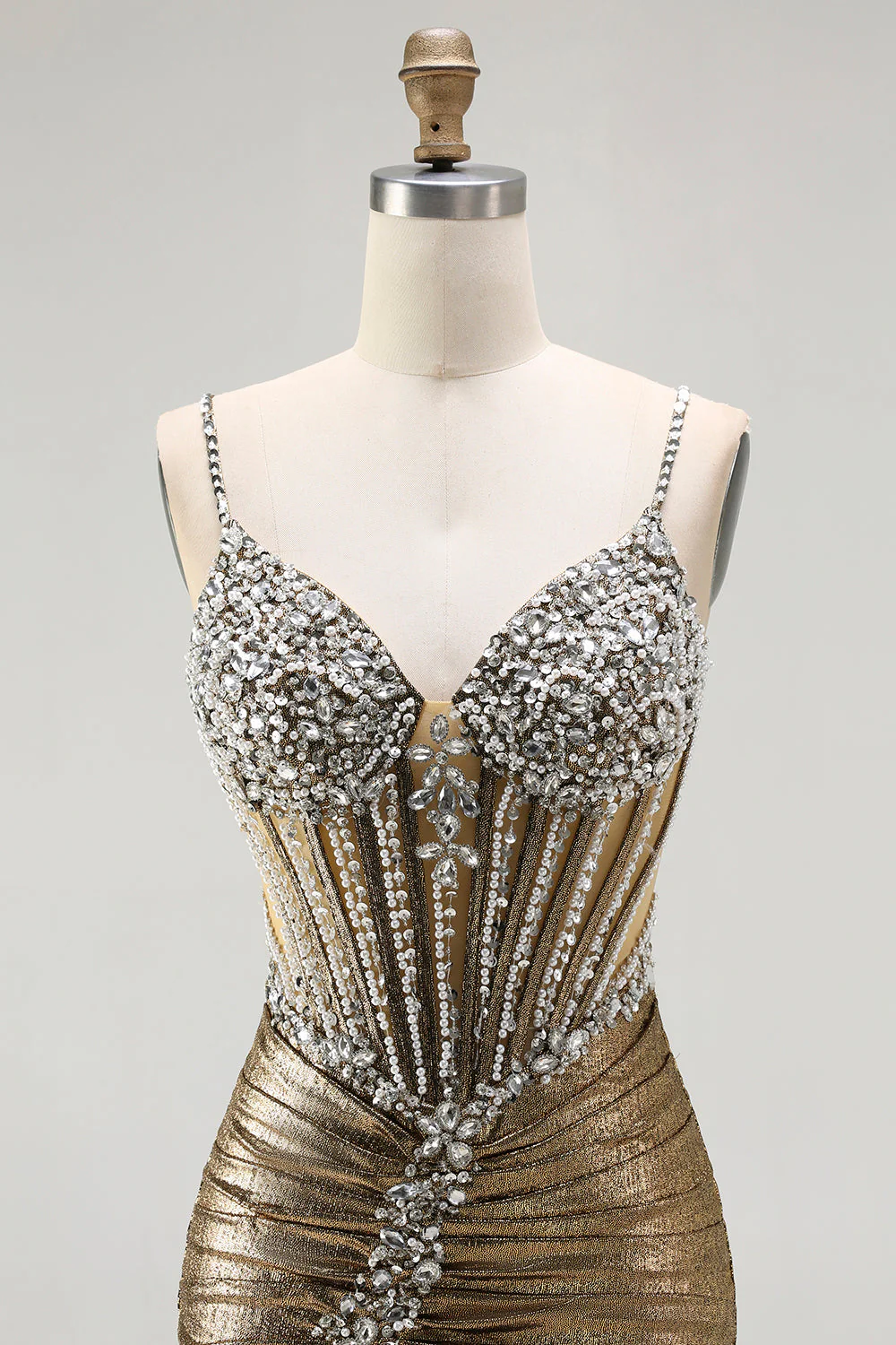 Sparkly Golden Mermaid Beaded Corset Lace Up Back Long Prom Dress with Slit - Image 4
