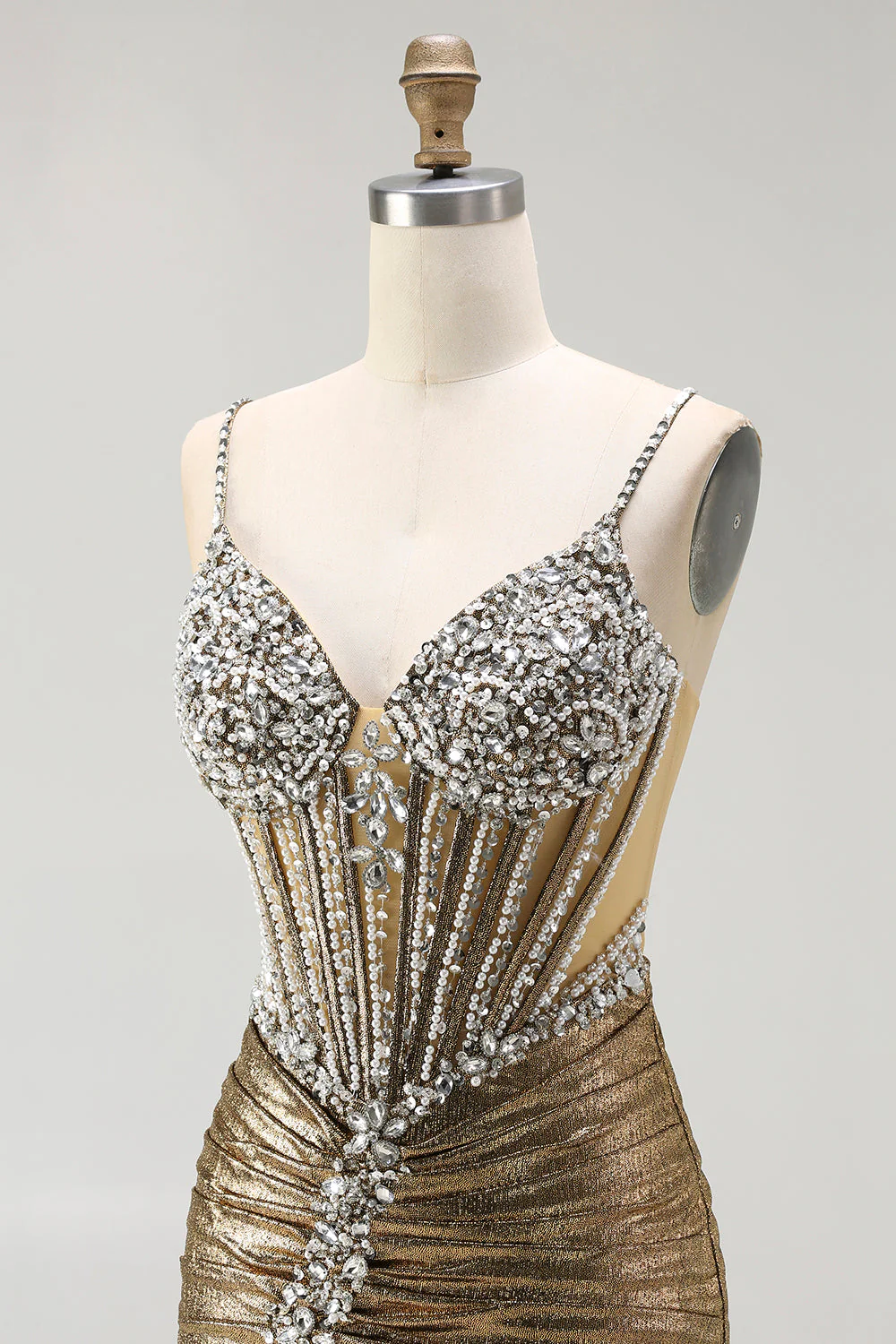Sparkly Golden Mermaid Beaded Corset Lace Up Back Long Prom Dress with Slit - Image 6